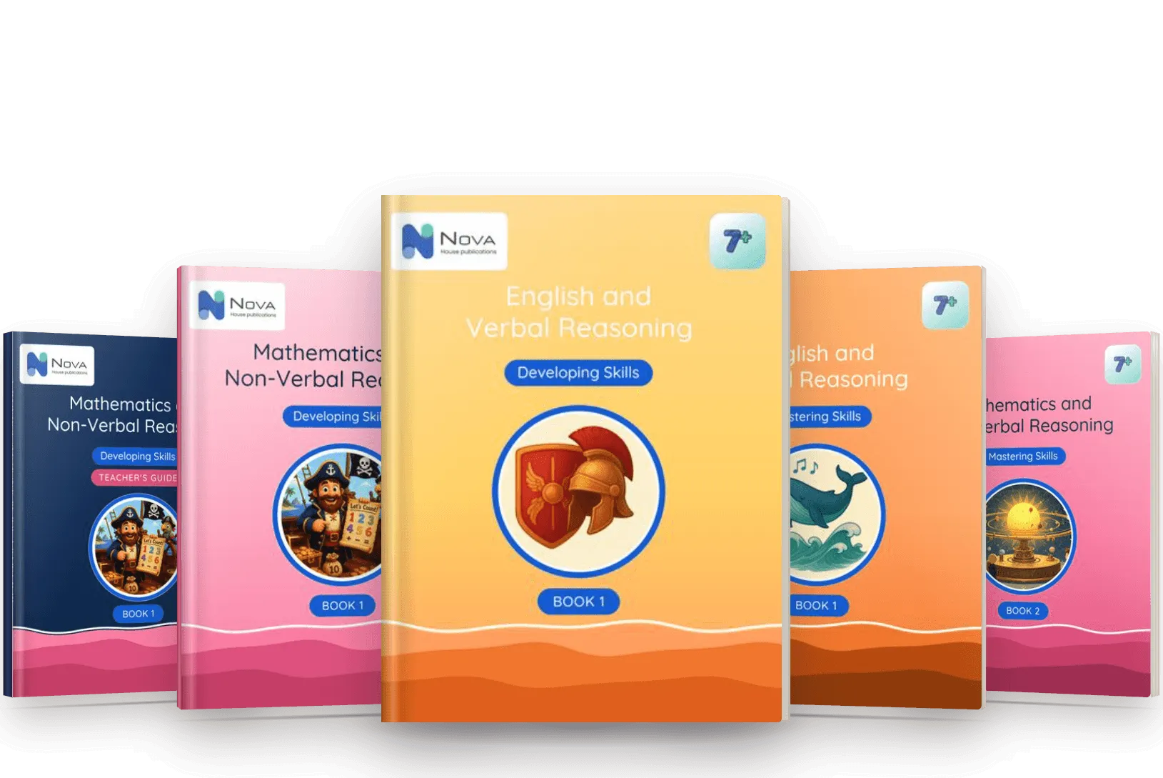 Five 7+ Nova practice books fanned out: student books and teacher's guides from the Developing Skills and Mastering Skills series.