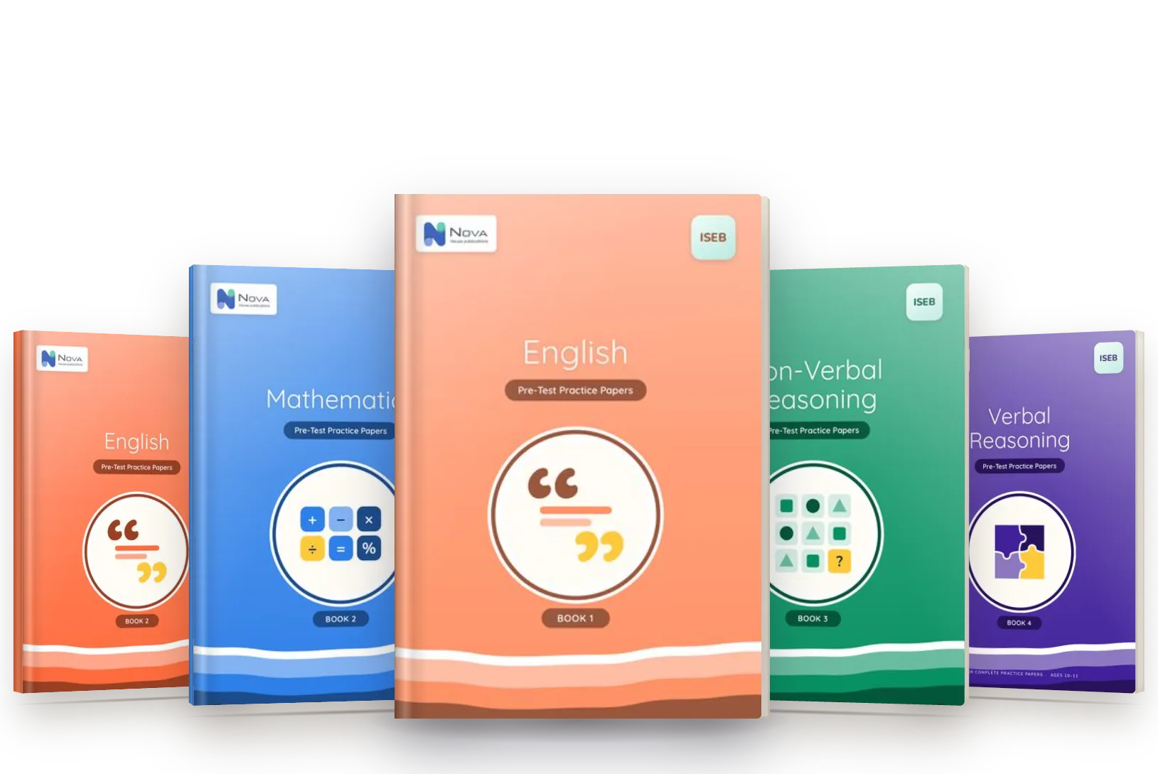 Five Nova ISEB Pre-Test practice papers books fanned out: English, Mathematics, Verbal Reasoning and Non-Verbal Reasoning.